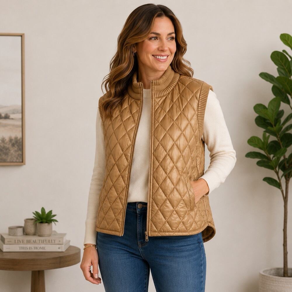 Martha Stewart Signature Quilted Puffer Vest Women’s L Gold Zip Large NWT Cap Sl